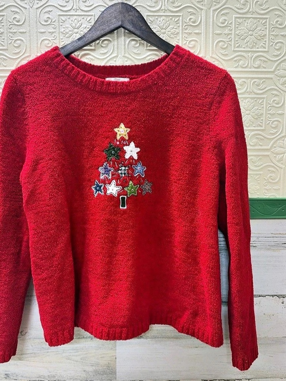 Christopher & Banks Hand Embroidered Christmas Tree Star Sweater XL Red